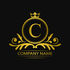 Golden letter C template logo Luxury gold letter with crown. Monogram alphabet . Beautiful royal initials letter.	