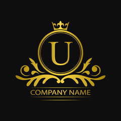 Golden letter U template logo Luxury gold letter with crown. Monogram alphabet . Beautiful royal initials letter.	