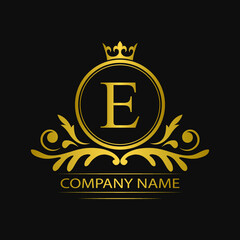 Golden letter E template logo Luxury gold letter with crown. Monogram alphabet . Beautiful royal initials letter.	