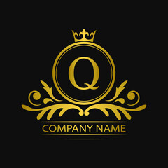 Golden letter Q template logo Luxury gold letter with crown. Monogram alphabet . Beautiful royal initials letter.	