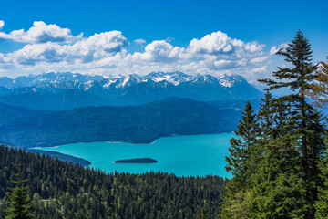 View from top of the Jochberg to the lake Walchensee and the Bavarian and Tyrolean mountains, Alps, Bavaria, Germany