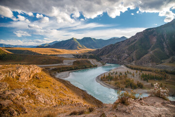 Amazing panoramic view of confluence beautiful mountain rivers Chuya and Katun. Photo wonderful...