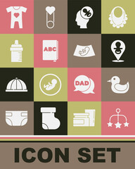 Set Baby crib hanging toys, Rubber duck, dummy pacifier, ABC book, bottle, clothes and Ultrasound of baby icon. Vector