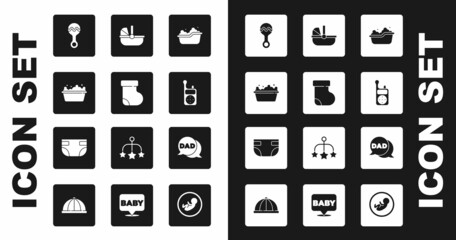 Set Baby bathtub, socks clothes, Rattle baby toy, Monitor Walkie Talkie, stroller, Speech bubble dad and absorbent diaper icon. Vector
