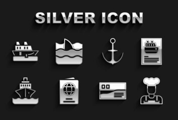 Set Passport, Cruise ship, Cook, Postcard travel, Anchor, and Shark fin in ocean wave icon. Vector