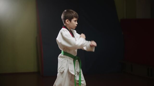 A little boy doing taekwondo - standing in position and showing moves