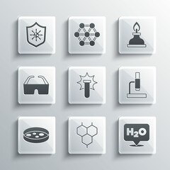Set Chemical formula, H2O, Microscope, explosion, Petri dish with bacteria, Safety goggle glasses, Shield protecting from virus and Alcohol spirit burner icon. Vector
