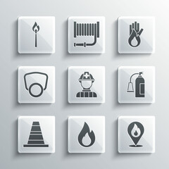 Set Fire flame, Location with fire, extinguisher, Firefighter, Traffic cone, Gas mask, Burning match and No icon. Vector