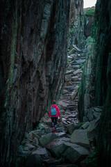 Woman hiking through Kungsklyftan canyon with mossy rocks by village Fjällbacka in Sweden.