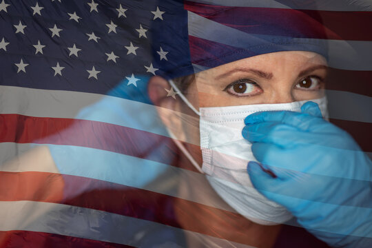 Doctor or Nurse Wearing Medical Face Mask and Scrubs with Ghosted American Flag.