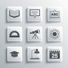 Set Table lamp, Calendar, Atom, Telescope, Graduation cap, Protractor grid, Open book and Chalkboard icon. Vector
