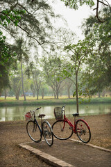 Fototapeta premium Beautiful landscape, lake, park and bicycles on shore. Thailand