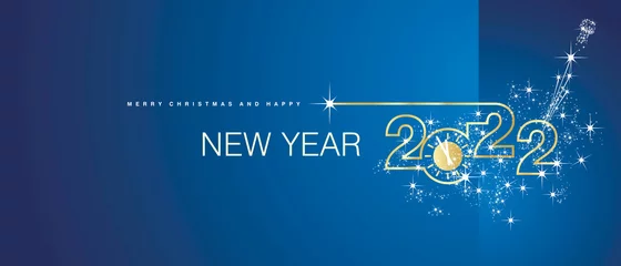 Fotobehang Merry Christmas and Happy New Year 2022 gold clock firework midnight countdown celebrations blue background greeting card © simbos