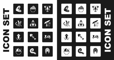 Set Lobster, Fisherman, Seaweed, Mussel, Fishing harpoon, Caviar, Sushi cutting board and Octopus icon. Vector