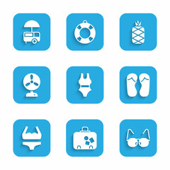 Fototapeta premium Set Swimsuit, Suitcase, Glasses, Flip flops, Electric fan, Pineapple and Fast street food cart icon. Vector