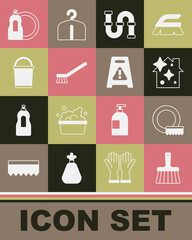 Naklejka premium Set Handle broom, Washing dishes, Home cleaning service, Industry metallic pipe, Brush for, Bucket, Dishwashing liquid bottle and Wet floor icon. Vector