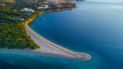 Aerial morning drone view of Zlatni Rat cape on Brac island in Croatia. Magical and beautiful...