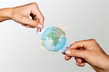 Hands holding jigsaw with globe earth, Friendly World Sustainable Environment Natural Day and Save...