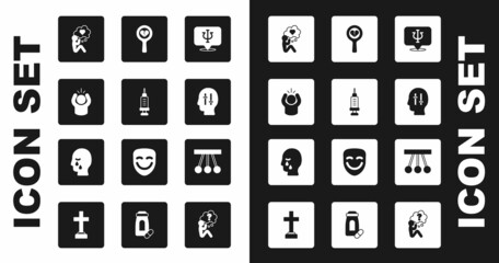 Set Psychology, Psi, Addiction to the drug, Anger, Head with heart, Solution problem, Broken or divorce, Pendulum and Man graves funeral sorrow icon. Vector