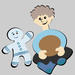 the boy sits cross-legged and smiles at the gingerbread man. Design element