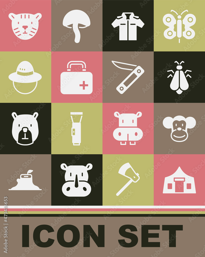 Sticker Set Tourist tent, Monkey, Mosquito, Shirt, First aid kit, Camping hat, Tiger head and Swiss army knife icon. Vector