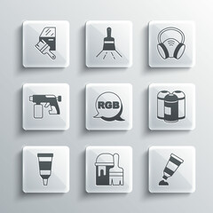 Set Paint bucket with brush, Tube paint palette, spray can, RGB, gun, Car painting and Gas mask icon. Vector