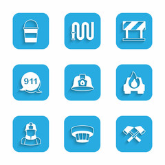 Set Firefighter helmet, Smoke alarm system, axe, Burning car, Emergency call 911, Road barrier and bucket icon. Vector