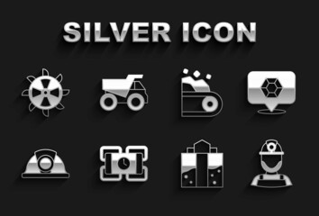 Set Dynamite, Gem stone, Miner in helmet, entrance, Conveyor belt carrying coal, Bucket wheel excavator and Mining dump truck icon. Vector