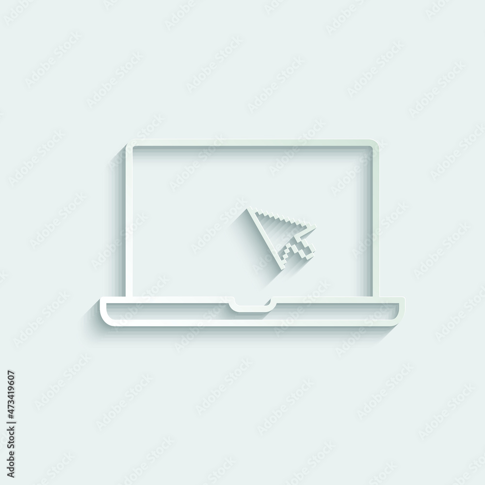 Poster click icon. laptop computer, notebook and cursor icon. line style