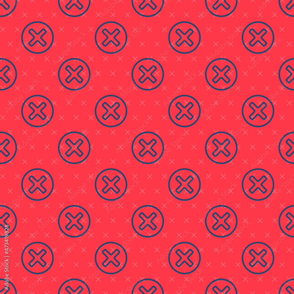 Poster blue line x mark, cross in circle icon isolated seamless pattern on red background. check cross mark