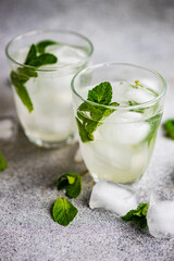 Organic food concept with ice water with mint