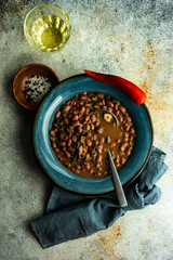 Healthy bean, lobio, soup with spicy pepper and dry wine