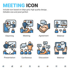 Vector outline icons about meeting with outline color style isolated on white background. Icon conference, presentation, webinar, office and coworking sign symbol concept for business. Editable stroke