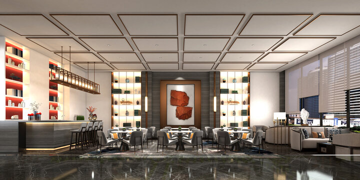 3d render of cafe restaurant hotel lobby