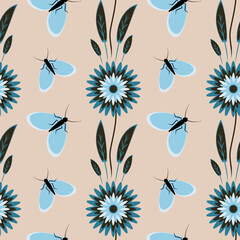 Seamless pattern, endless texture - stylized flowers and moths. Wallpapers, textiles, packaging