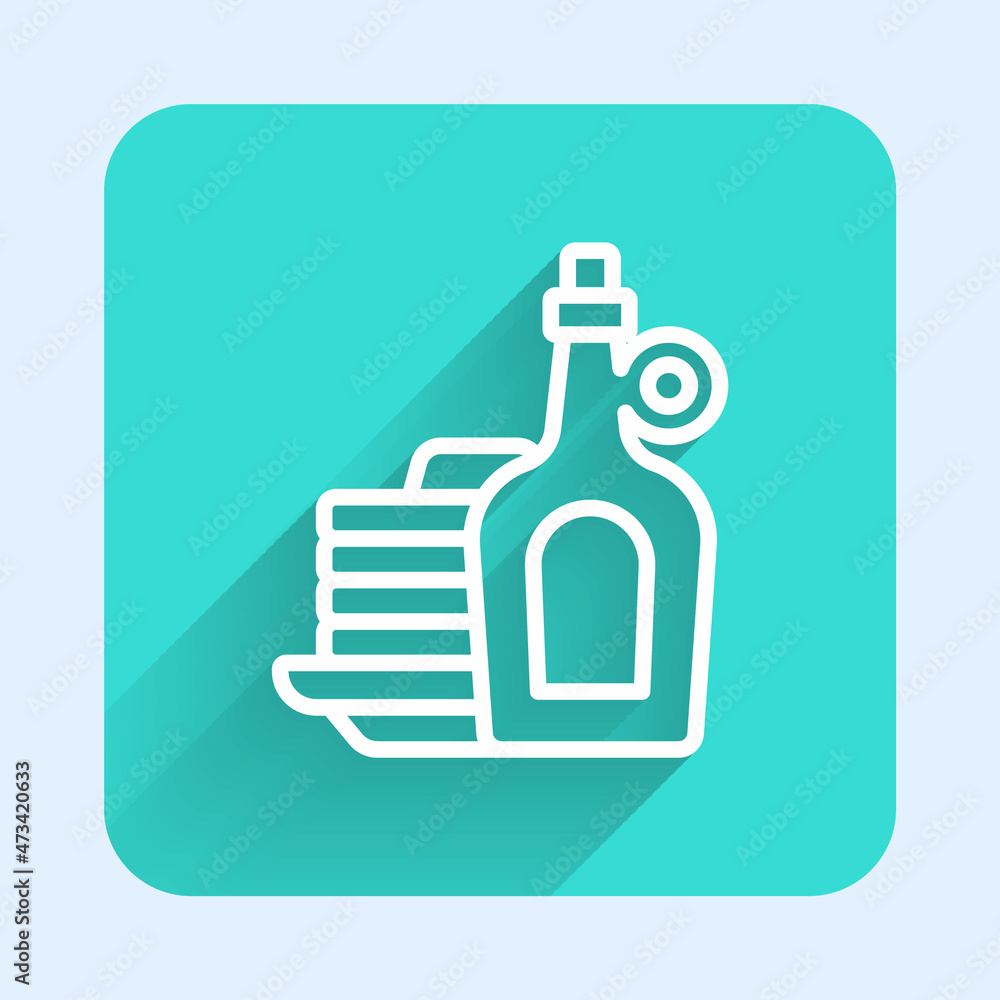 Aufkleber white line bottle of maple syrup with stack of pancakes icon isolated with long shadow background. g