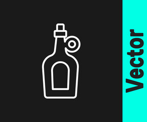 White line Bottle of maple syrup icon isolated on black background. Vector