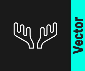 White line Deer antlers icon isolated on black background. Hunting trophy on wall. Vector