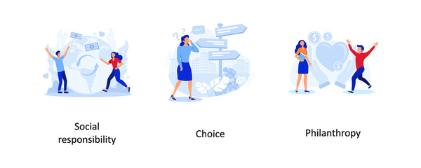 Fototapeta premium Social responsibility, choice, Philanthropy. Decision making abstract concept vector illustration set. 