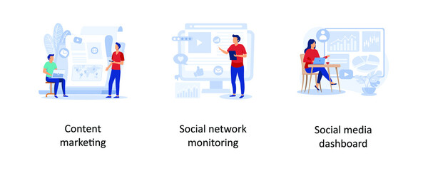 Content marketing, Social Network monitoring, Social media dashboard. SMM strategy abstract concept vector illustration set.