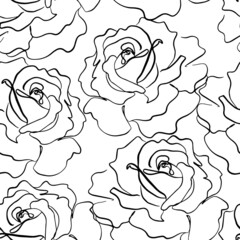 Black contour line rose seamless repeat tile pattern background on white