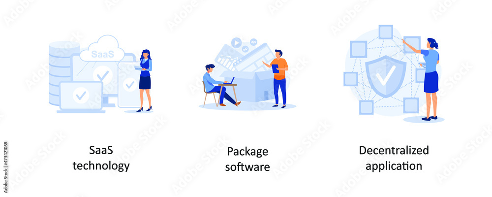 Poster saas technology, package software, decentralized application. application service abstract concept v