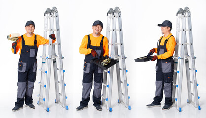 Senior Asian Man wear Orange uniform shirt hat and glove as painter labor with metal tall ladder