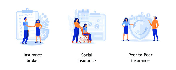 Insurance broker, social Insurance, peer to peer. Risk insurance abstract concept vector illustration set.