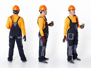 Senior Asian Man wear Orange uniform shirt hat and glove as electric fix repair guy with cable