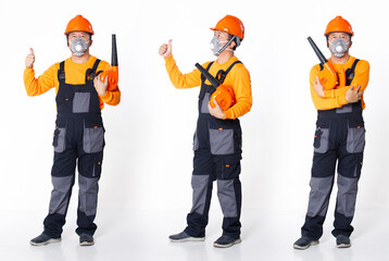 Senior Asian Man wear Orange uniform shirt hat as air condition cleaner washer with blower