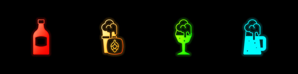 Set Beer bottle, Glass of beer, and Wooden mug icon. Vector