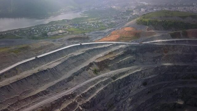 Aerial view opencast mining quarry. industrial enterprise