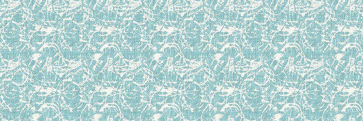 Fototapeta premium Aegean teal mottled border strip linen texture background. Summer coastal living style home decor fabric effect. Sea green wash grunge edge material. Decorative textile seamless pattern banner. 