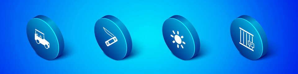 Set Isometric Safari car, Sun, Animal cage and Swiss army knife icon. Vector